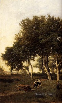two boys singing Painting - Landscape With Two Boys Carrying Firewood Barbizon Henri Joseph Harpignies